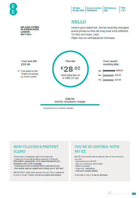 download download United Kingdom EE utility bill template in Word and PDF formats PDF template PDF template